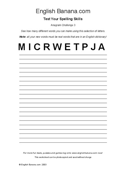 Anagram Challenge Worksheet