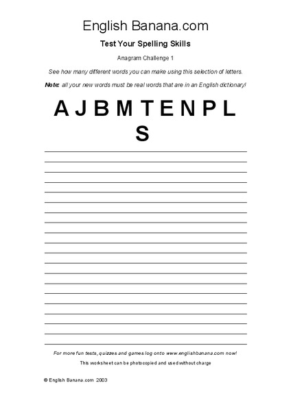 Anagram Challenge Worksheet