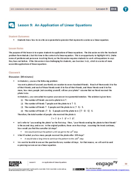An Application of Linear Equations Lesson Plan