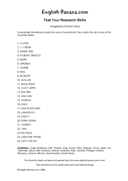 Anagrams of World Cities Worksheet