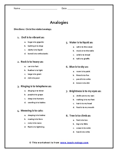 Analogies Worksheet