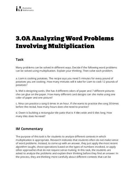 Analyzing Word Problems Involving Multiplication Activity