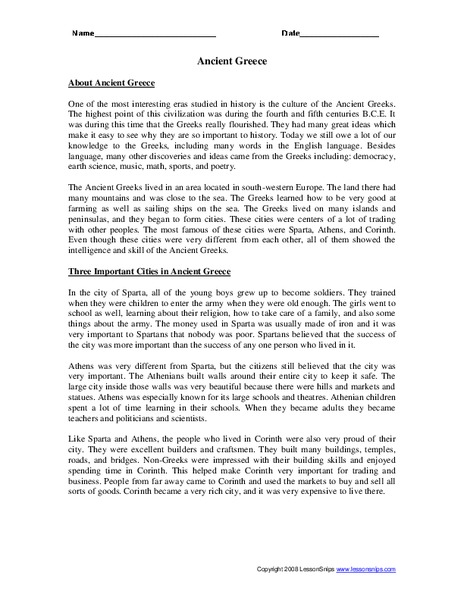 Ancient Greece Worksheet