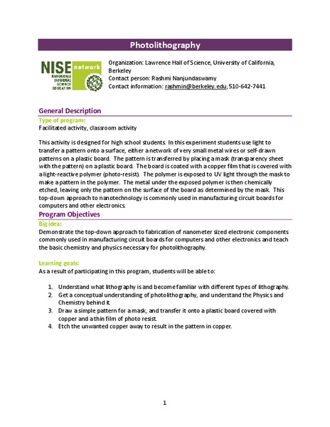 Photolithography Lesson Plan