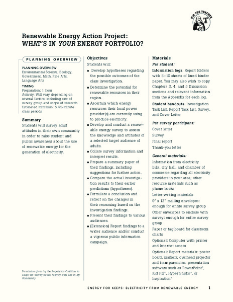 Renewable Energy Action Project: What's in Your Energy Portfolio? Lesson Plan
