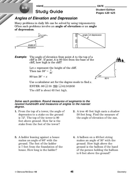 Angles of Elevation and Depression Worksheet