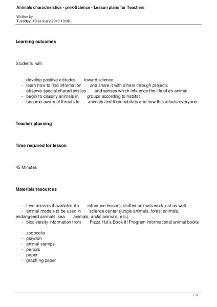 Animal Characteristics Lesson Plan
