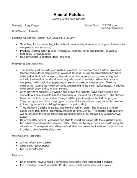 Animal Riddles Lesson Plan