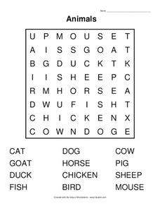 Animals Word Hunt Worksheet