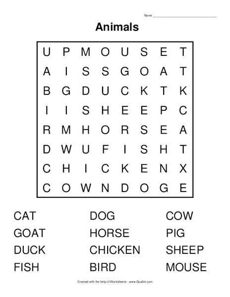 Animals Word Hunt Worksheet
