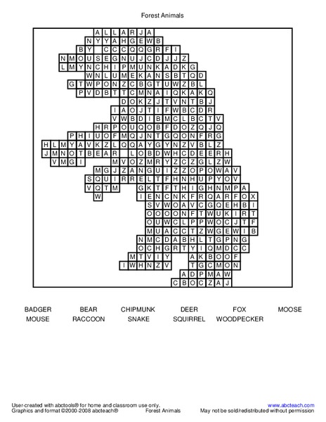 Animals Word Hunt Worksheet