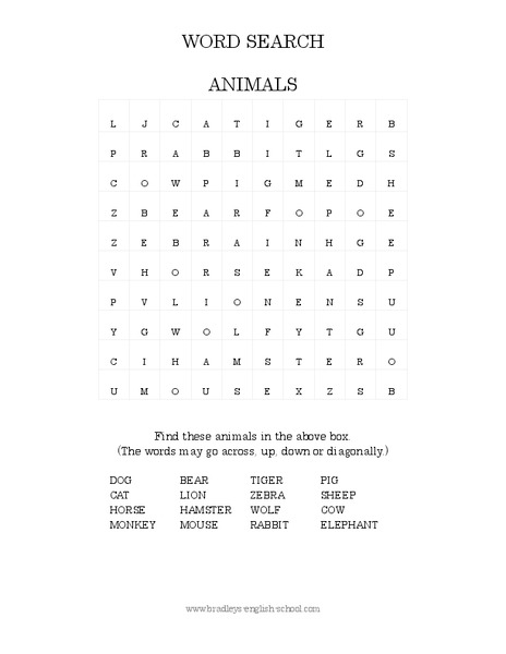 Animals Word Search Worksheet