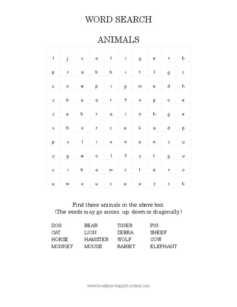 Animals Word Search Worksheet