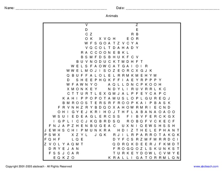 Animals Word Search Worksheet
