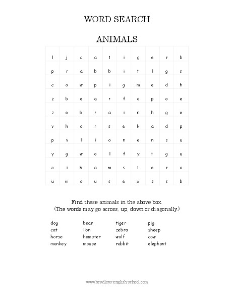 Animals Word Search Worksheet