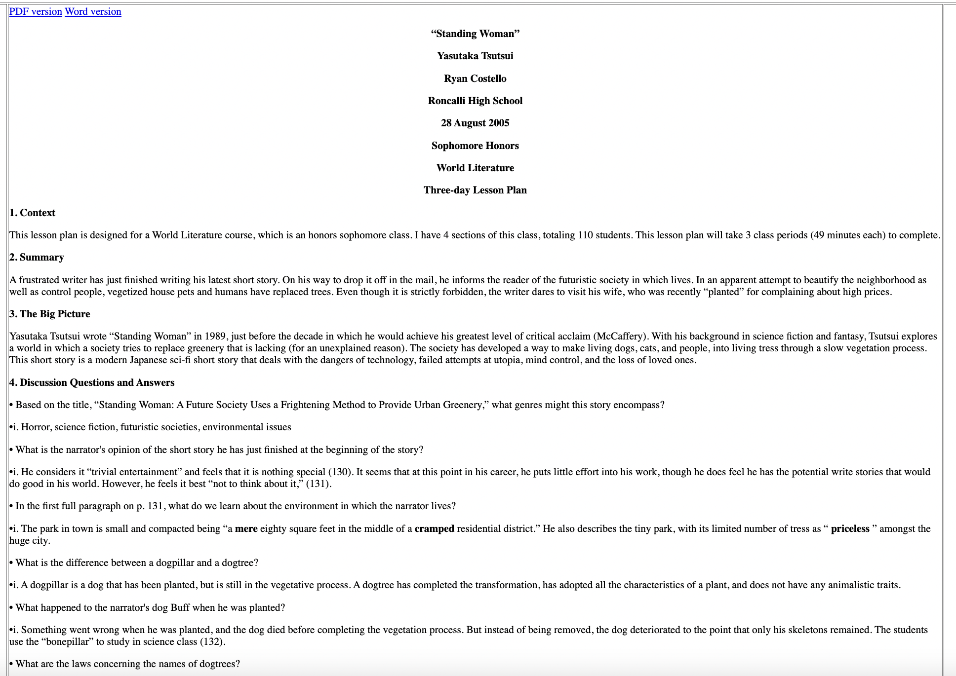 Standing Woman Lesson Plan