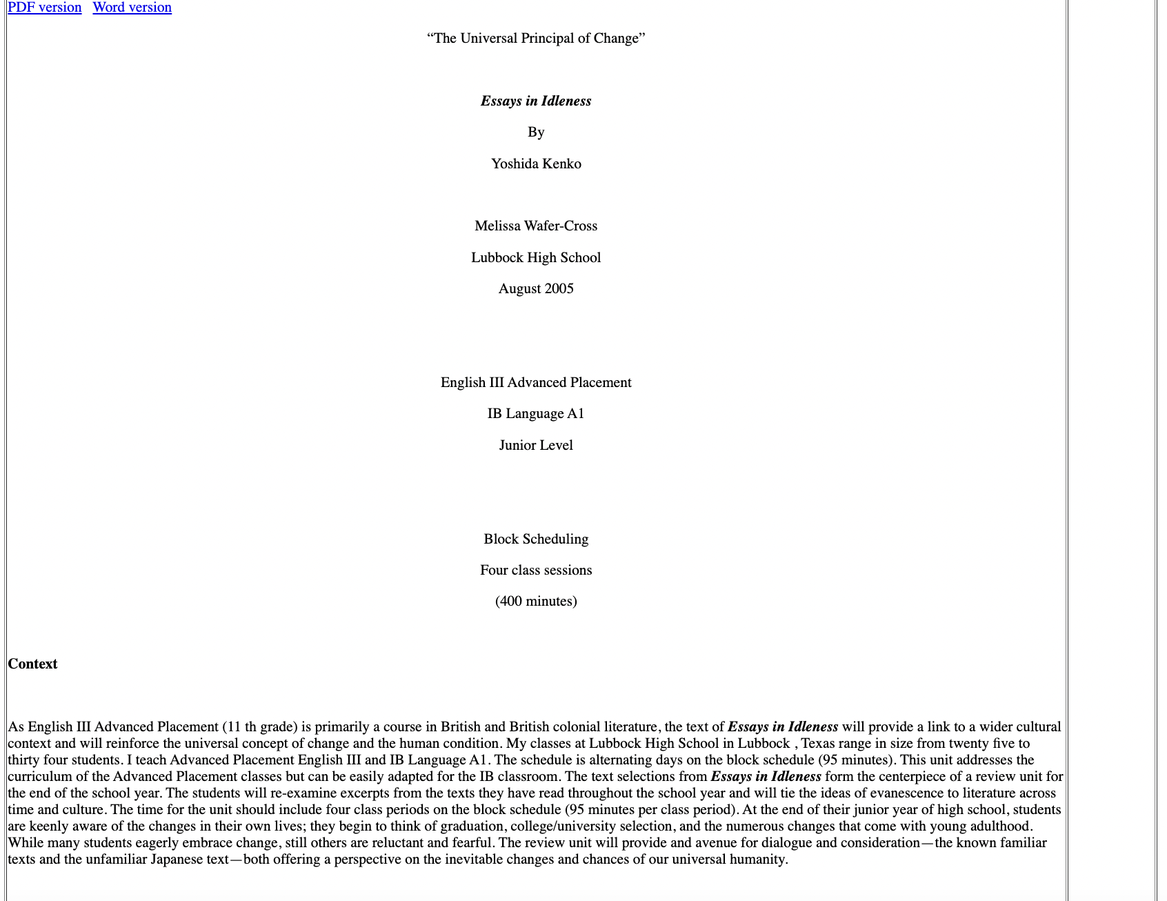 "The Universal Principal of Change" Lesson Plan