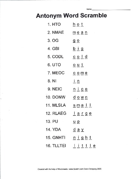 Antonym Word Scramble Worksheet
