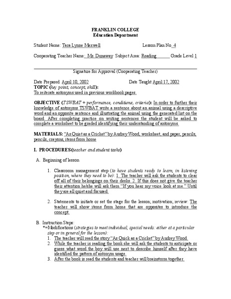 Antonyms Lesson Plan