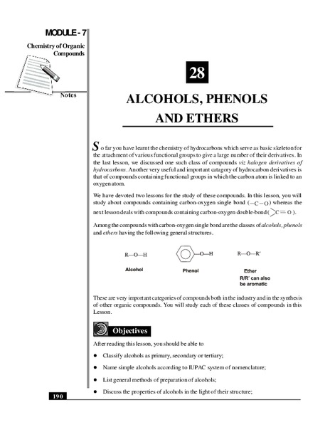 Alcohols, Phenols and Ethers Handout