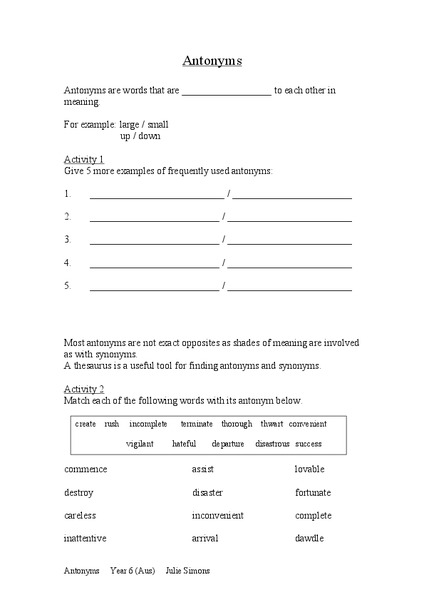 Antonyms Worksheet