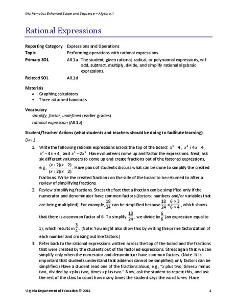 Rational Expressions Lesson Plan