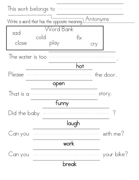 Antonyms Worksheet