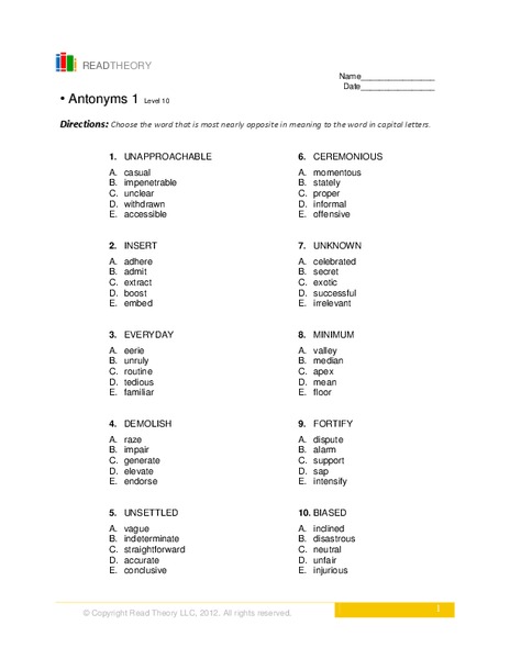 Antonyms  Worksheet