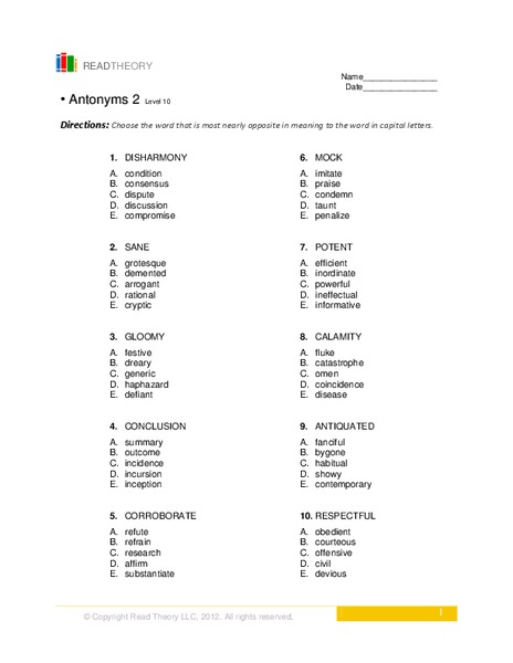Antonyms 2  Worksheet