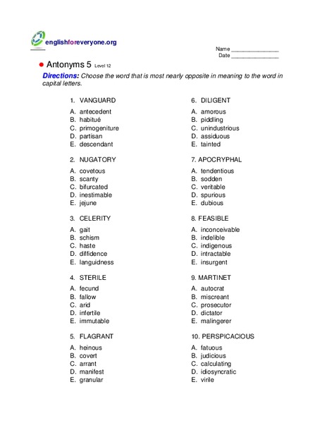 Antonyms 5 Worksheet