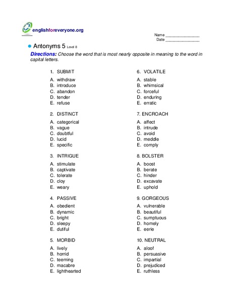 Antonyms 5 Worksheet