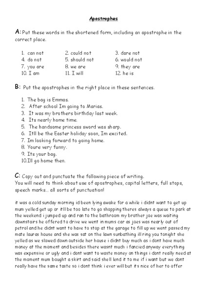 Apostrophes Worksheet