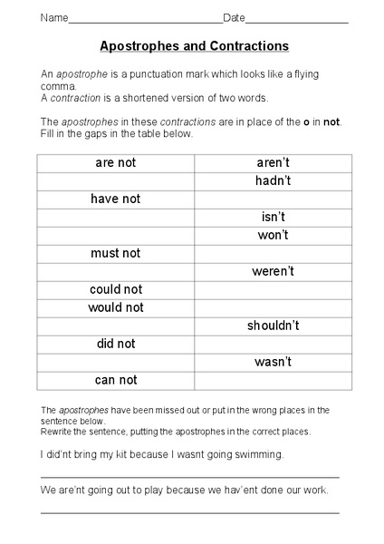 Apostrophes and Contractions Worksheet