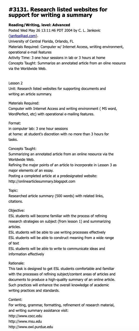 Research Listed Websites for Support for Writing a Summary Lesson Plan