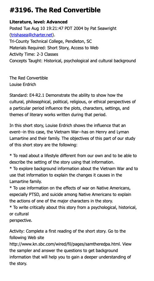 The Red Convertible Lesson Plan