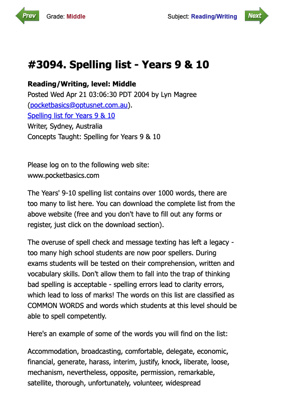 Spelling List -- Years 9 & 10 Lesson Plan