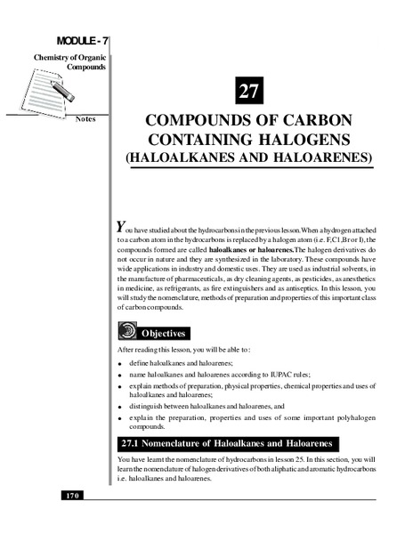 Compounds of Carbon Containing Halogens (Haloalkanes and Haloarenes) Handout