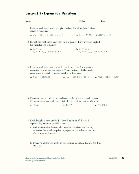 Applications of Exponential Functions Worksheet