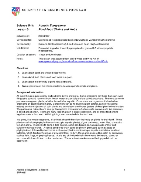 Aquatic Ecosystems Lesson Plan
