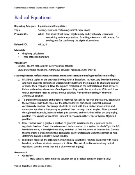 Radical Equations Lesson Plan