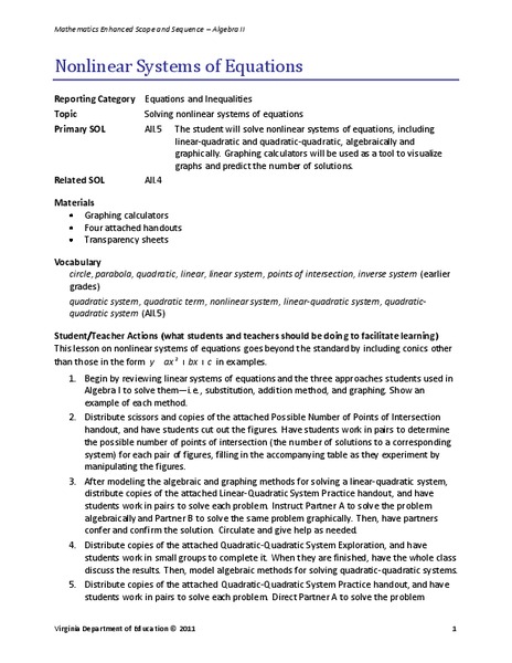 Nonlinear Systems of Equations Lesson Plan