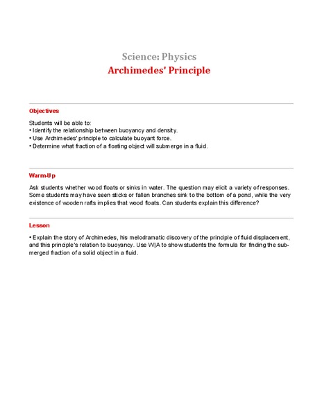 Archimedes' Principle Lesson Plan