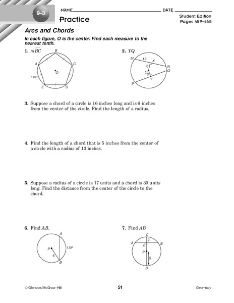 Arcs and Chords Worksheet