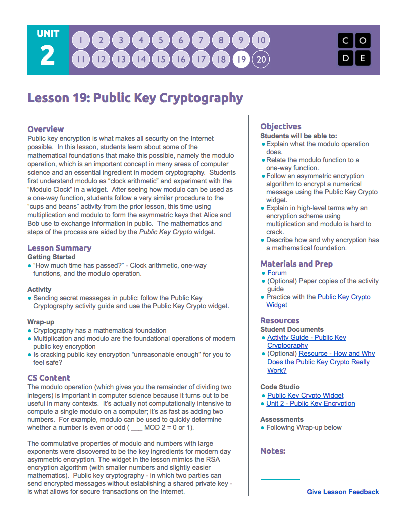 Public Key Cryptography Lesson Plan