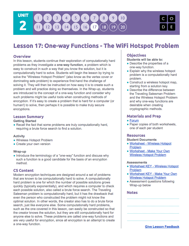 One-way Functions – The WiFi Hotspot Problem Lesson Plan