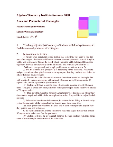 Area and Perimeter of Rectangles Lesson Plan