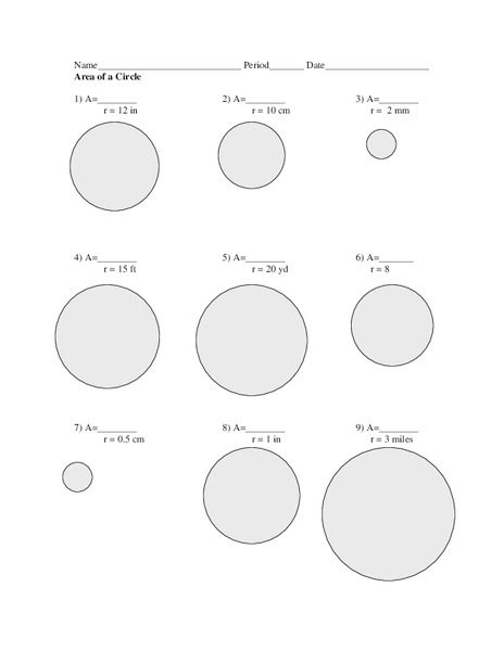 Area of a Circle Worksheet