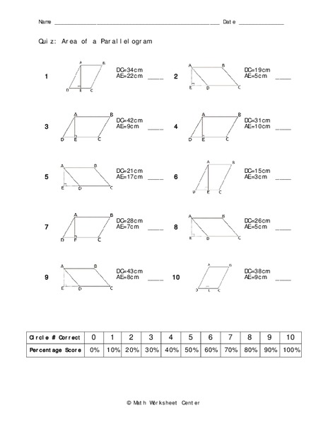 Area of a Parallelogram Worksheet