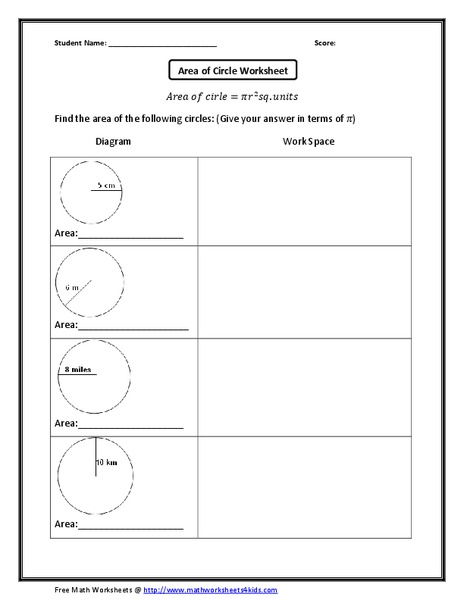 Area of Circle Worksheet Worksheet