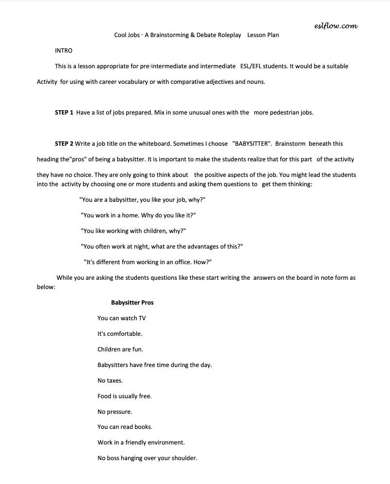 Cool Jobs ‐ A Brainstorming &amp; Debate Role Play Lesson Plan Lesson Plan